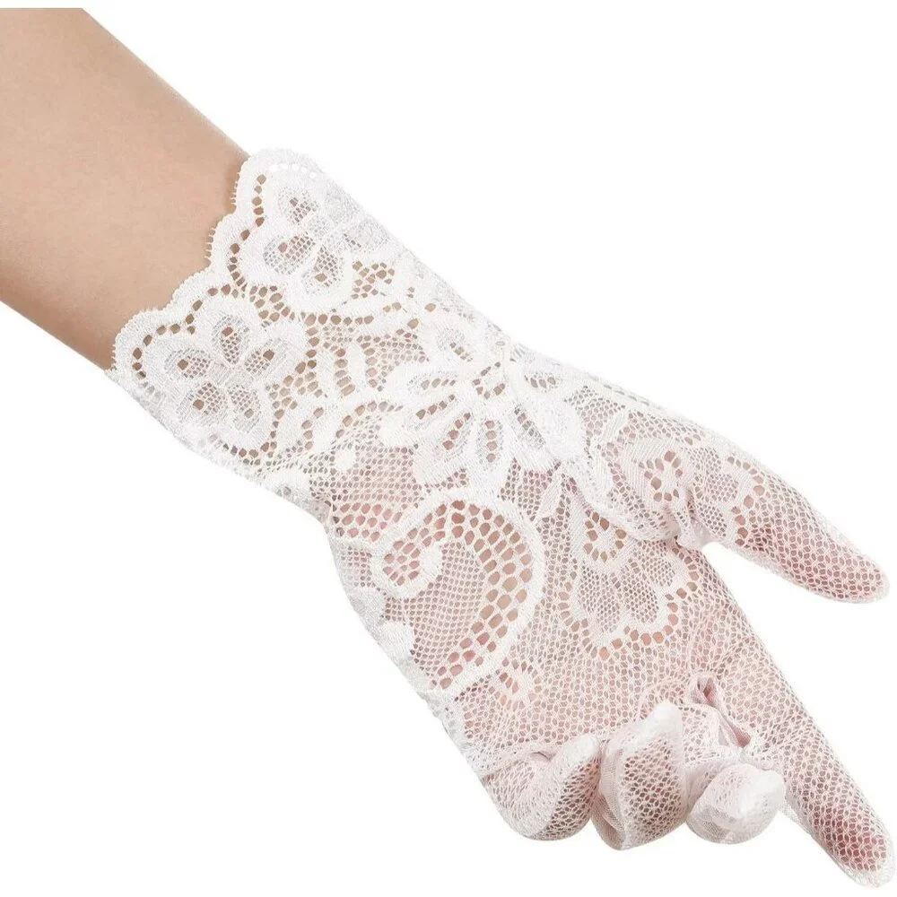 Women's Lvory 03 Floral Short Length Lace Tulle Mesh Wrist Wedding Party Gloves